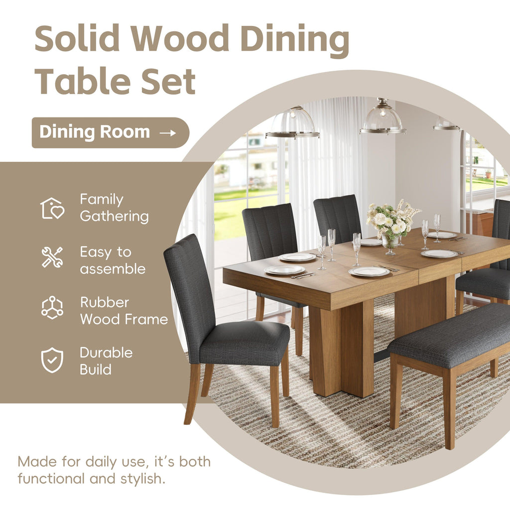Extendable Wood Dining Table Set for 6 with Bench & Chairs.