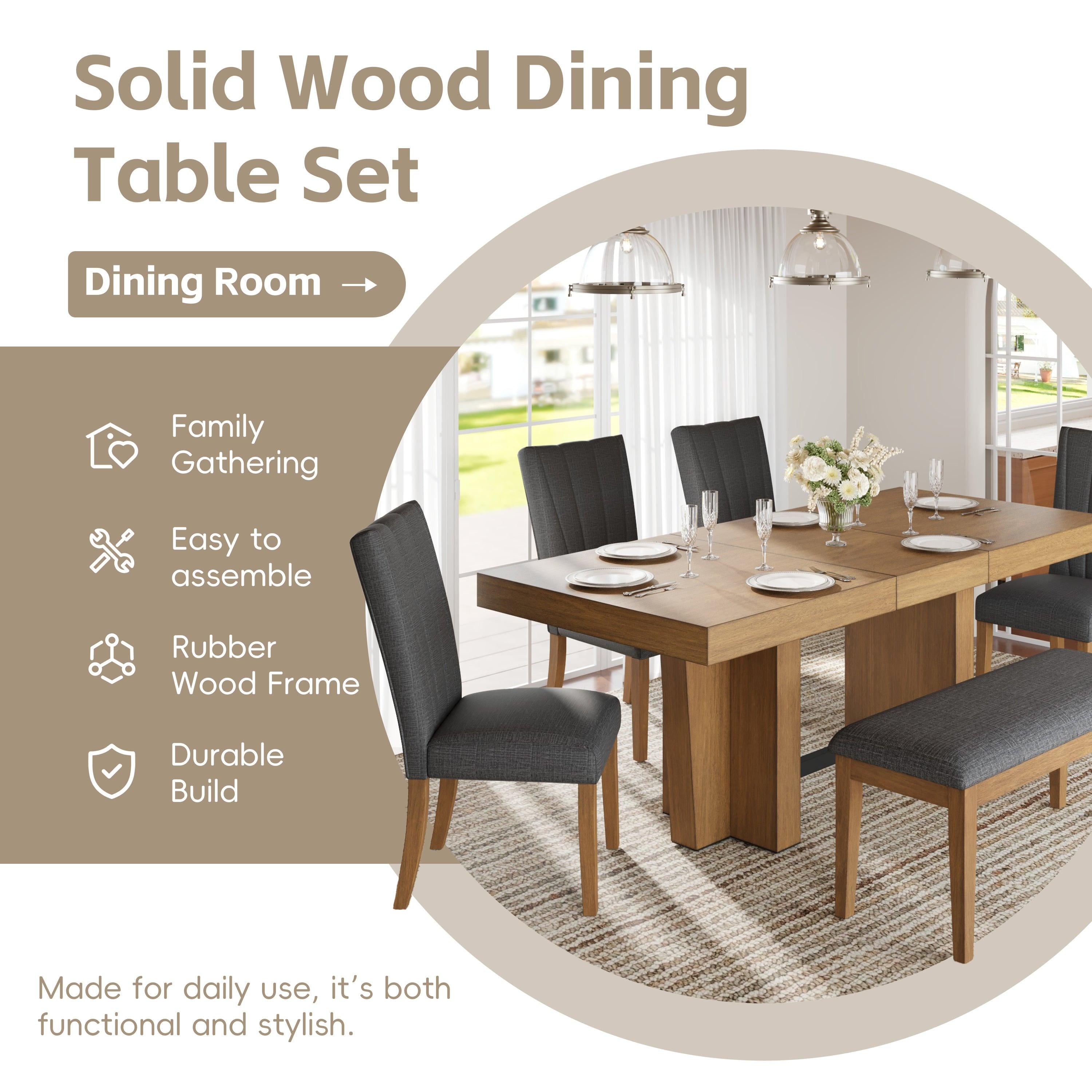 Extendable Wood Dining Table Set for 6 with Bench & Chairs.