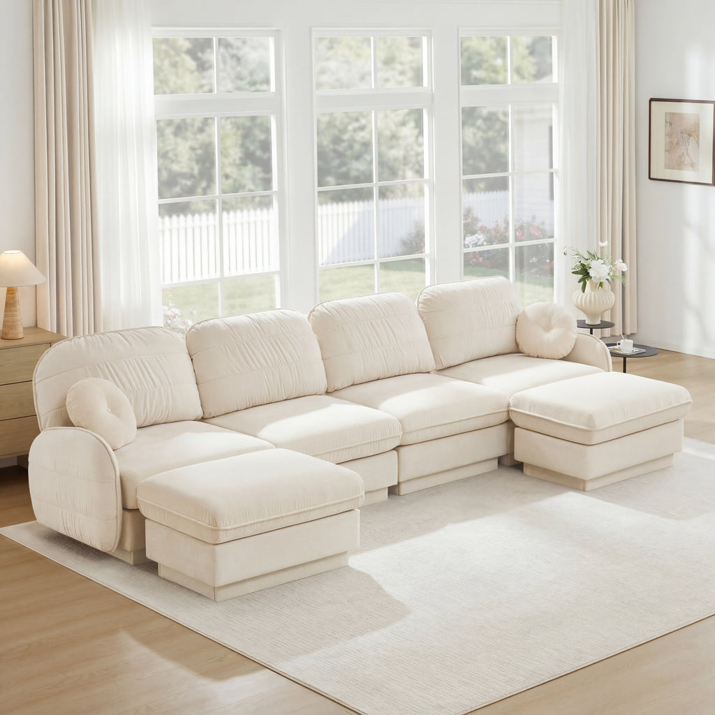 137-Inch Oversize Cream Beige Chenille U-Shaped Sofa with Ottoman