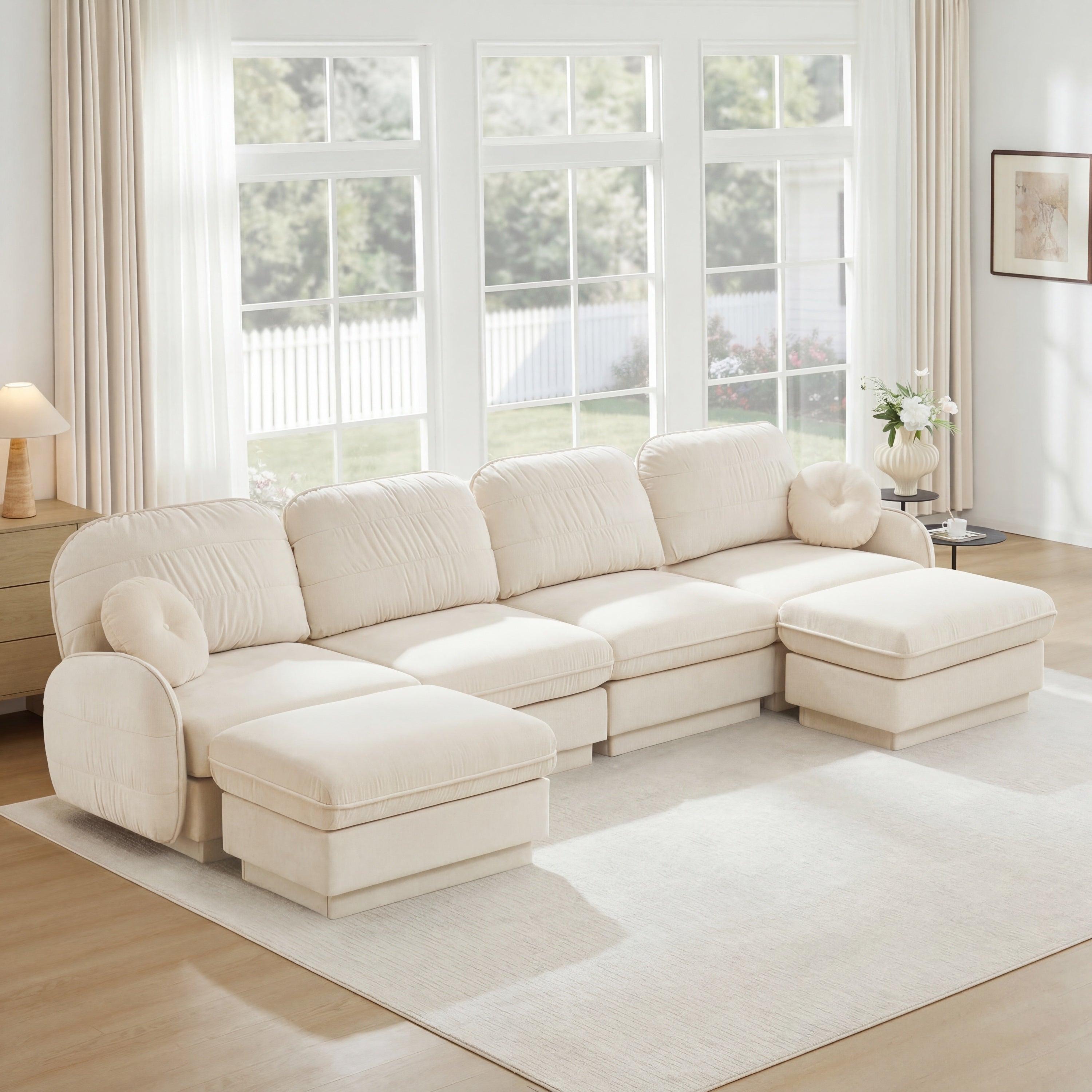 137-Inch Oversize Cream Beige Chenille U-Shaped Sofa with Ottoman