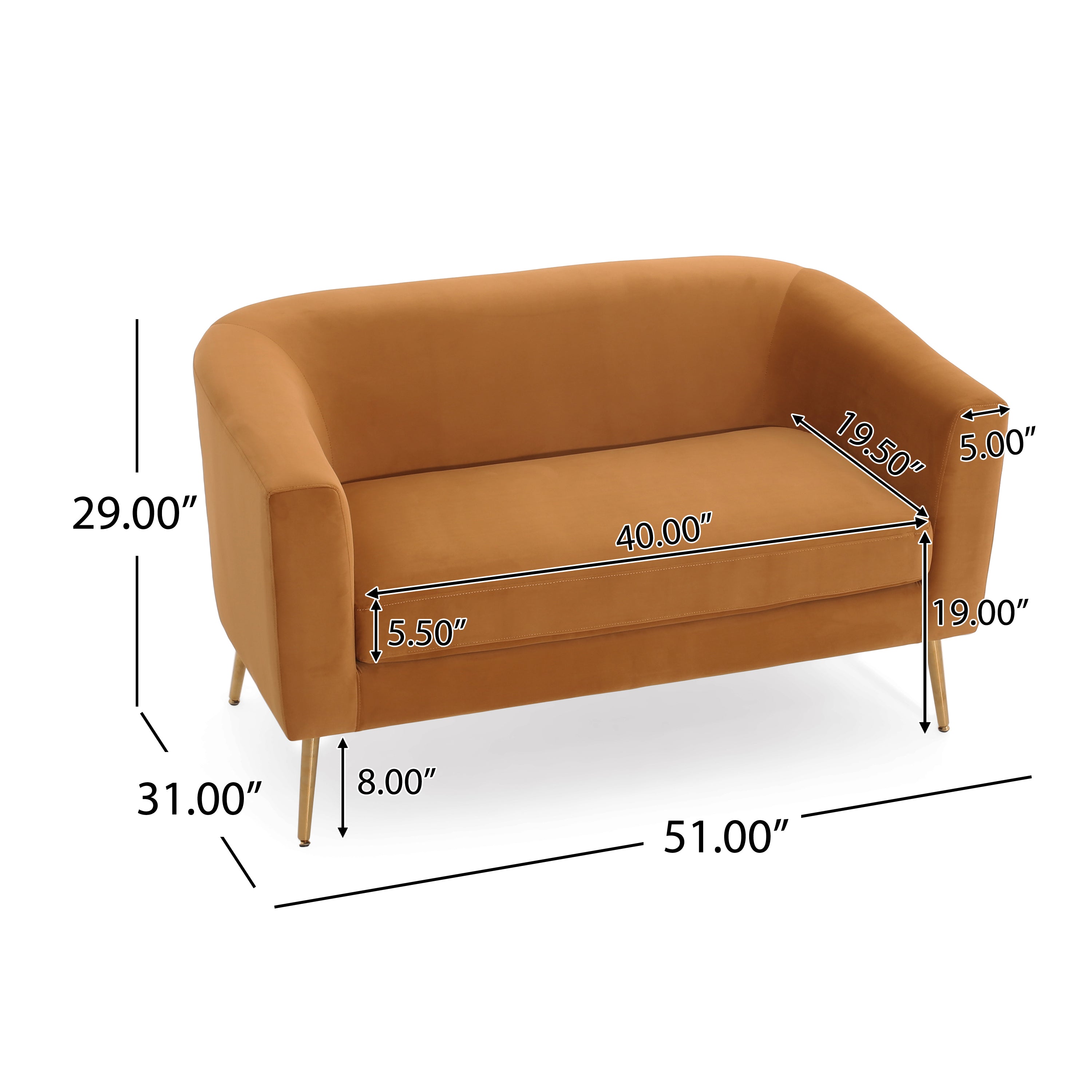 Modern velvet loveseat with detailed dimensions, highlighting its compact size, soft seat, and gold metal legs for elegant small-space seating.