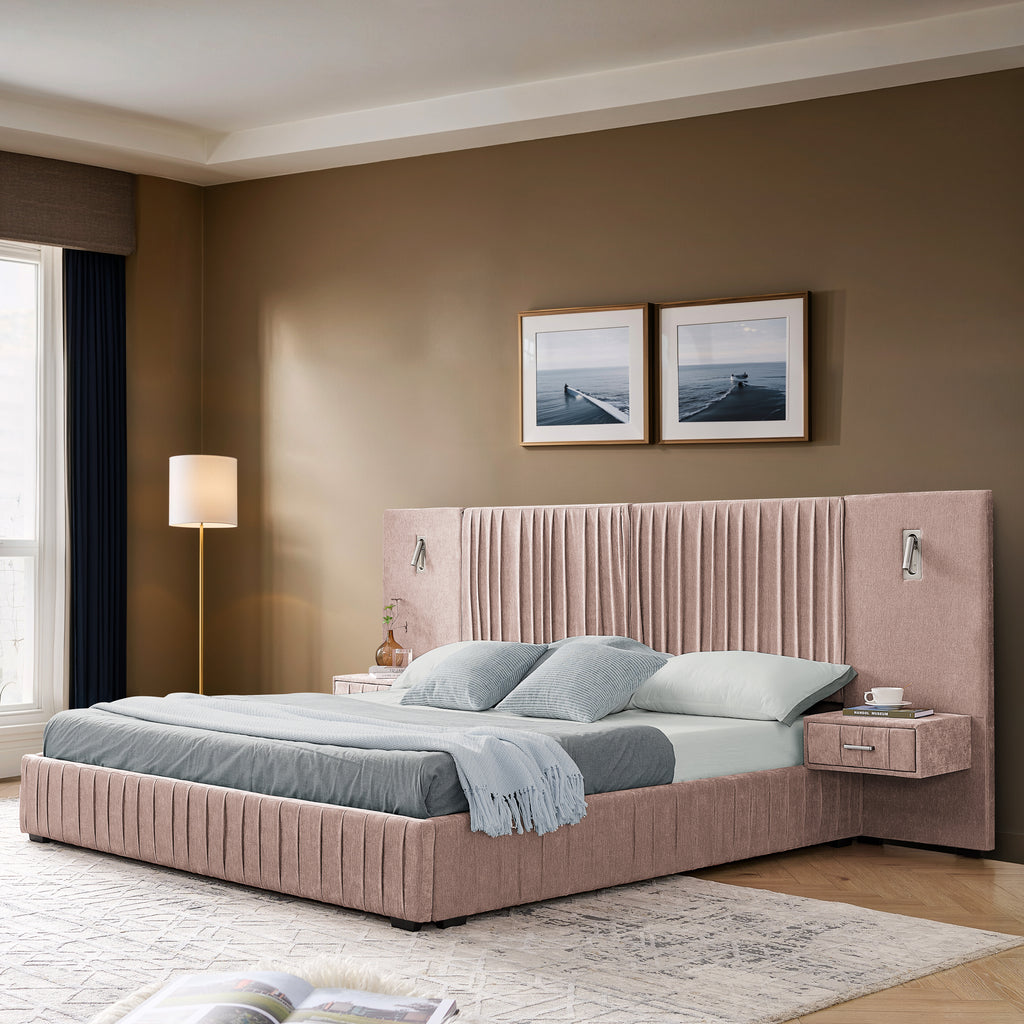 Elegant queen bed with plush upholstered frame, integrated headboard, and floating nightstands, perfect for stylish bedroom interiors.
