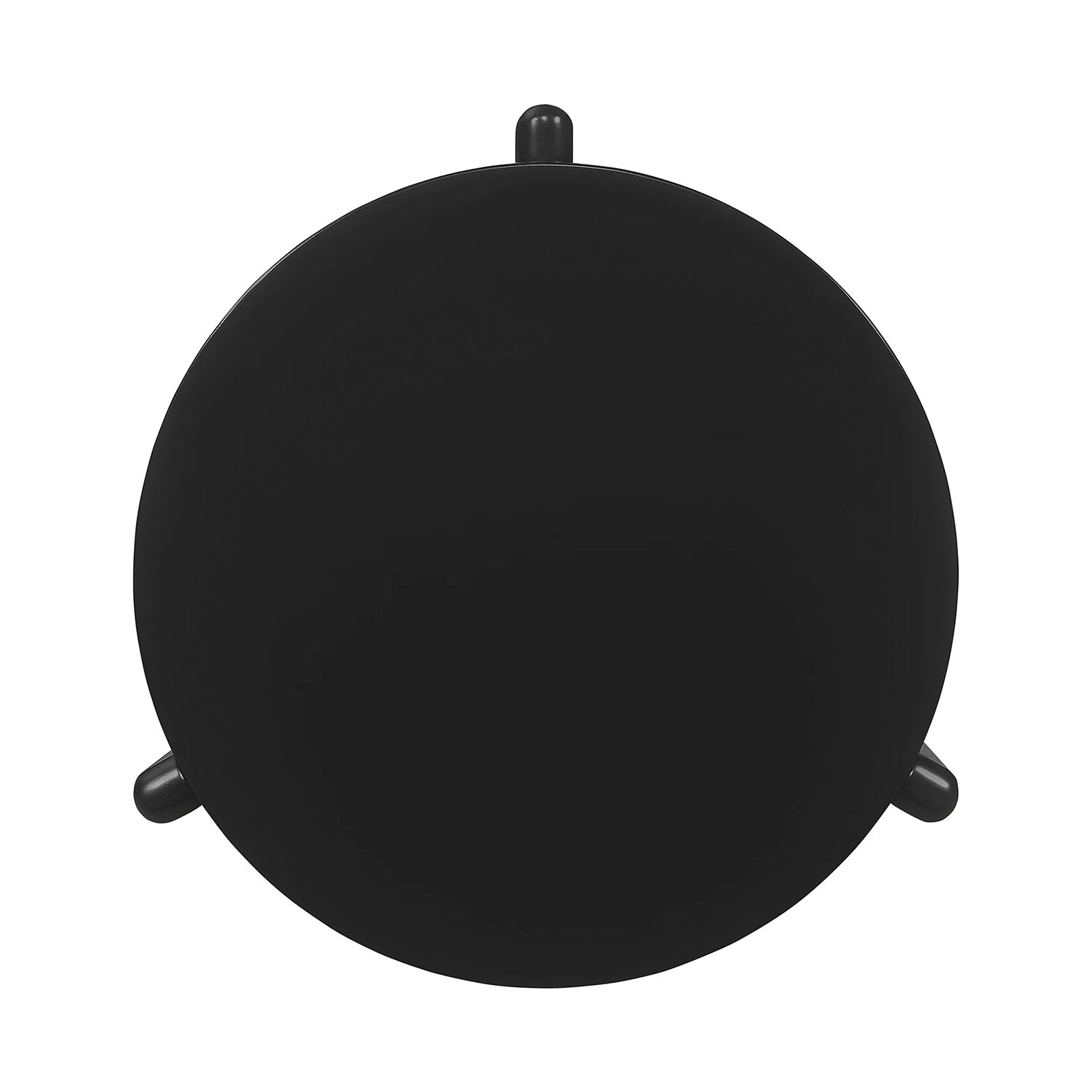 Top-down view of black round wooden coffee table, showing smooth surface and symmetrical leg placement for modern home decor.