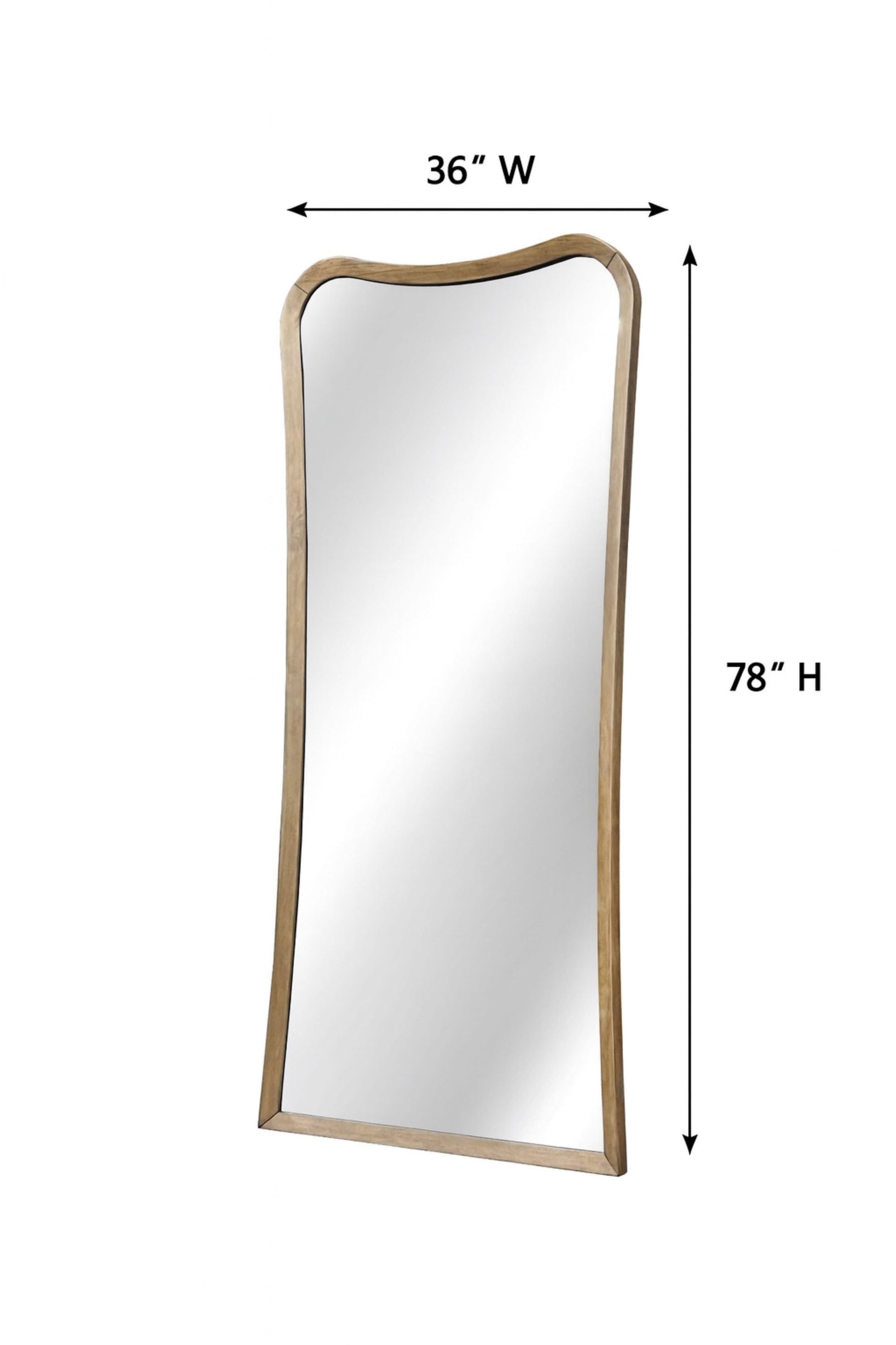 Full-length floor mirror with dimensions 36 inches wide by 78 inches high, crafted with a curved eucalyptus wood frame.
