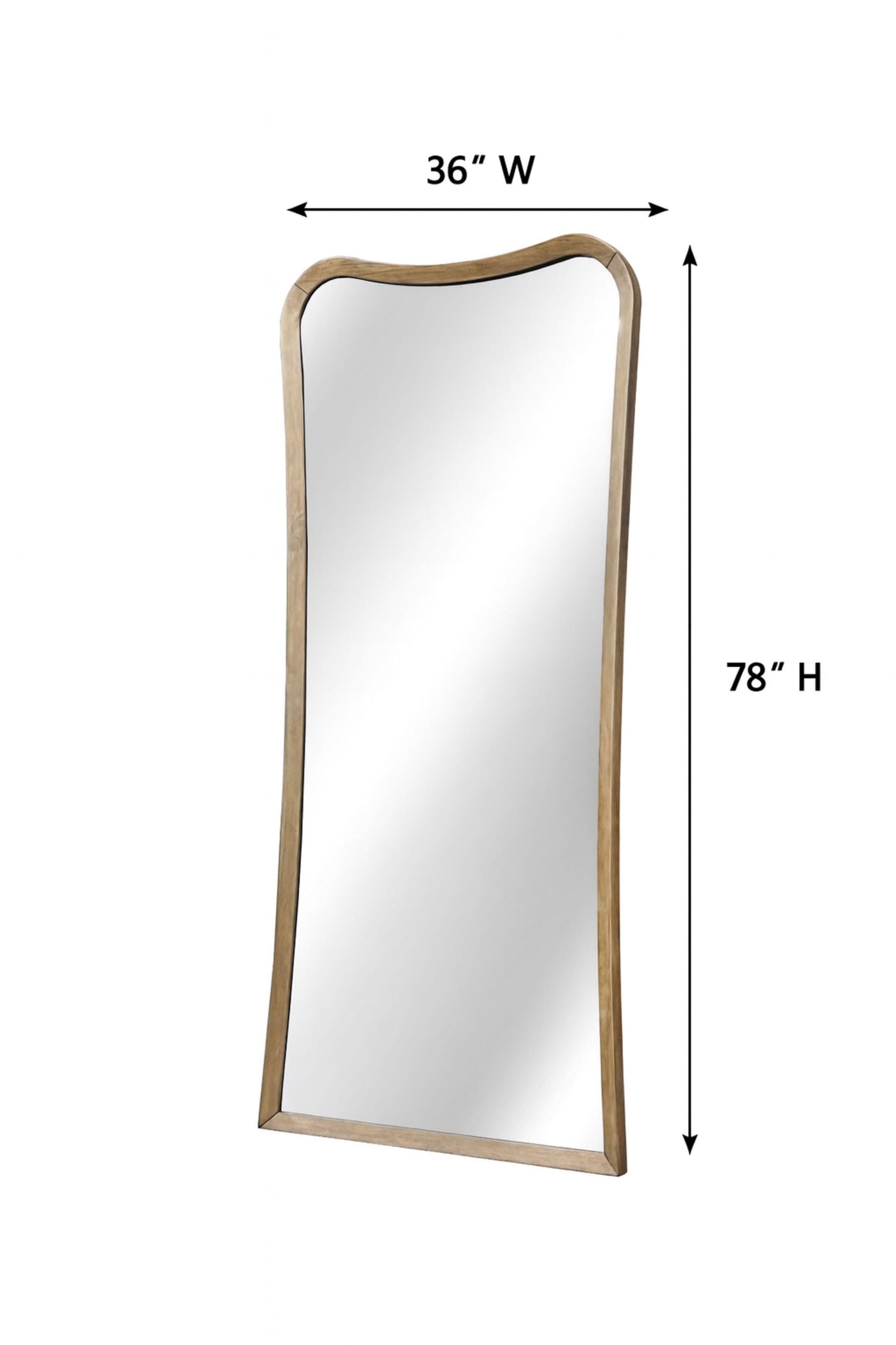 Full-length floor mirror with dimensions 36 inches wide by 78 inches high, crafted with a curved eucalyptus wood frame.