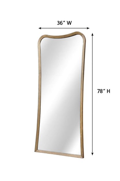 Full-length floor mirror with dimensions 36 inches wide by 78 inches high, crafted with a curved eucalyptus wood frame.