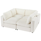 Convertible Modular Sofa with Charging and Storage in chenille, arranged as a flat lounging surface for added comfort.