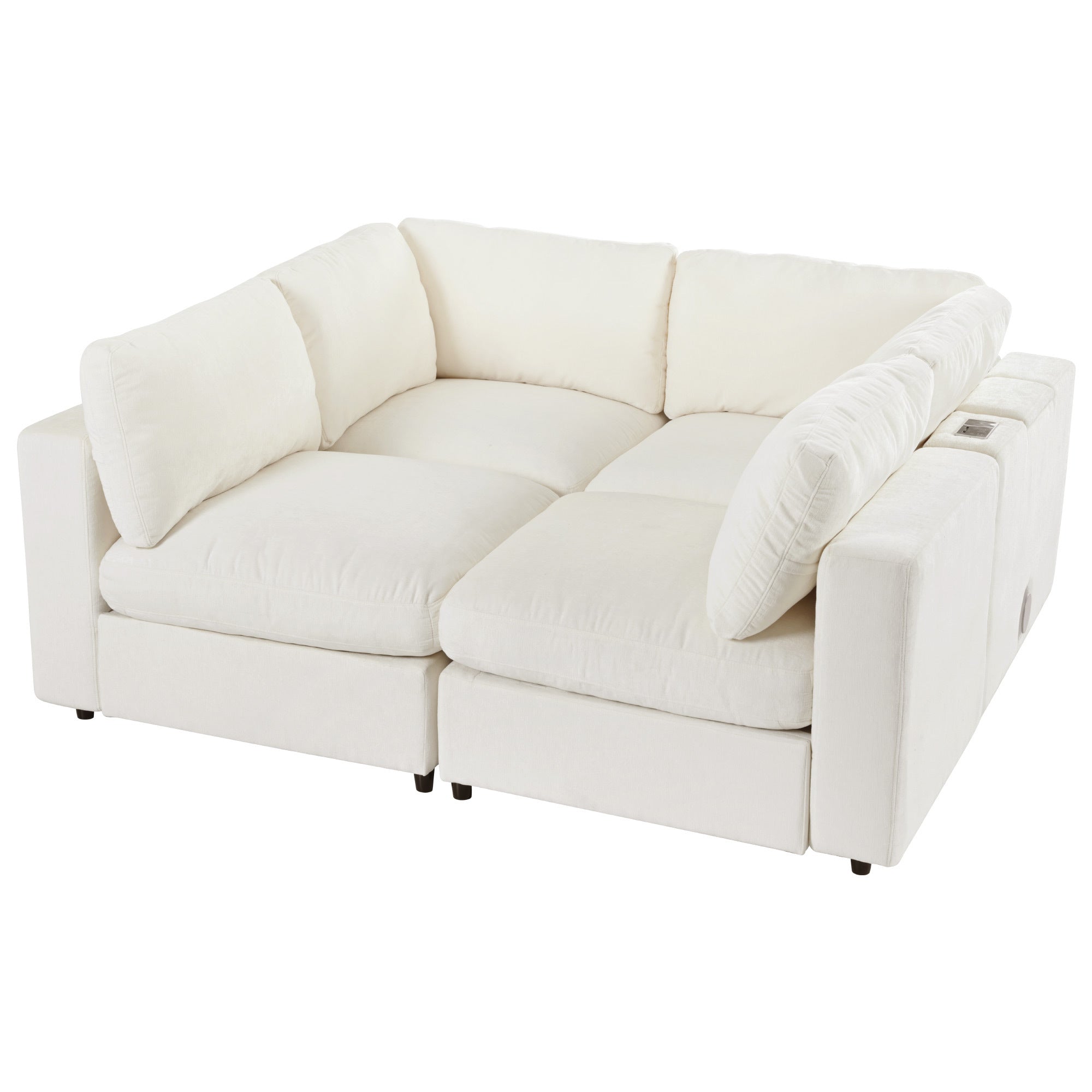 Convertible Modular Sofa with Charging and Storage in chenille, arranged as a flat lounging surface for added comfort.