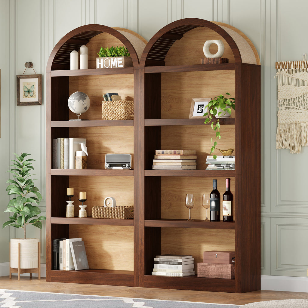 Two farmhouse arched bookshelves in walnut and natural wood with five open tiers and fabric-lined top detailing.