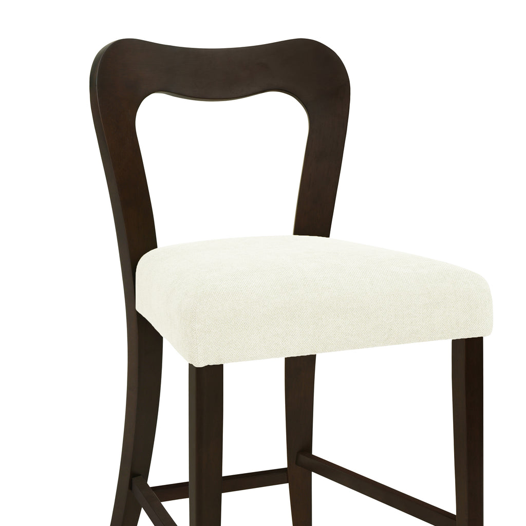 Close-up of Counter Stool Set of 2 - Dark Brown + Beige showing cushioned beige seat and dark wood frame.
