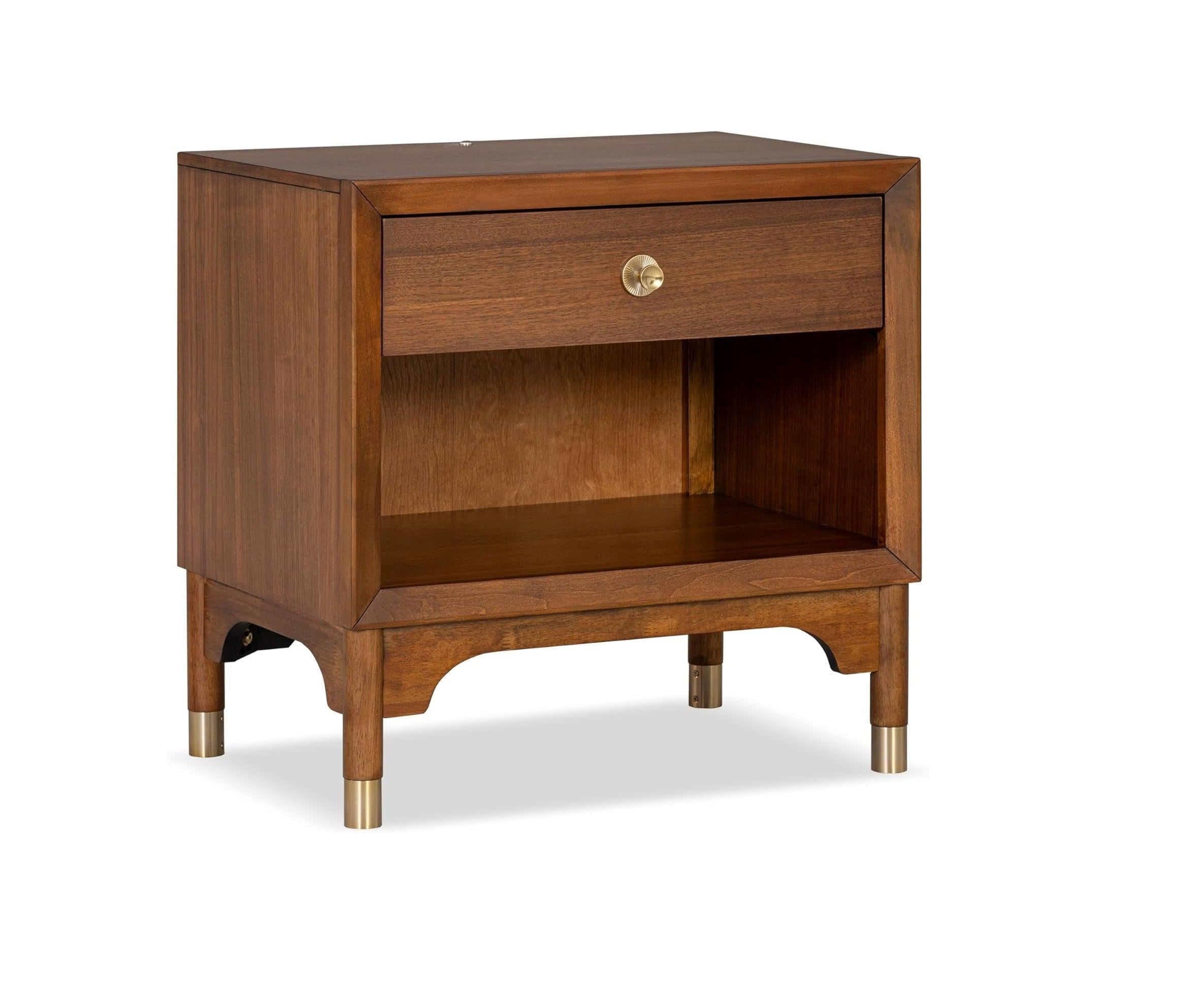 Mid Century Modern Nightstand with USB Port and Gold Legs.