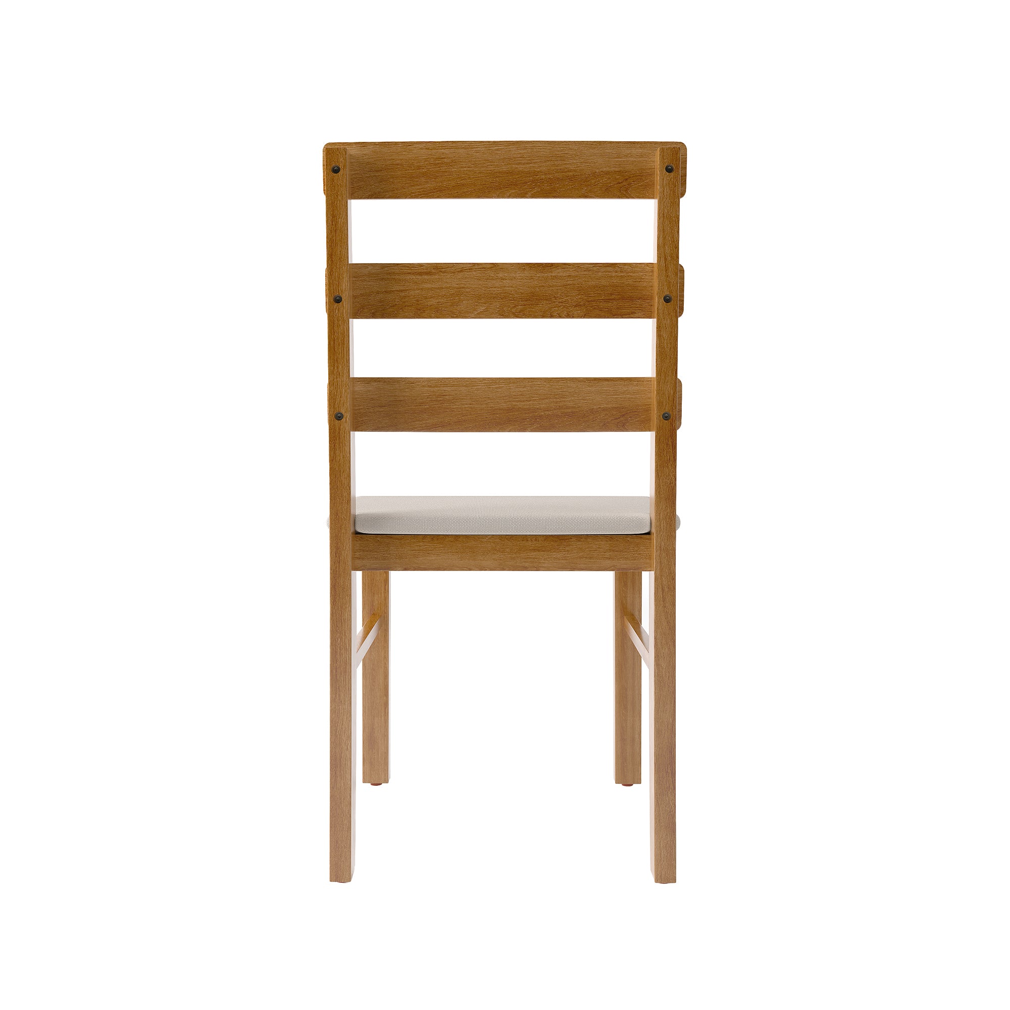Back view of a solid wood dining chair with horizontal slats and cushioned seat, part of the Solid Wood Dining Table Set.