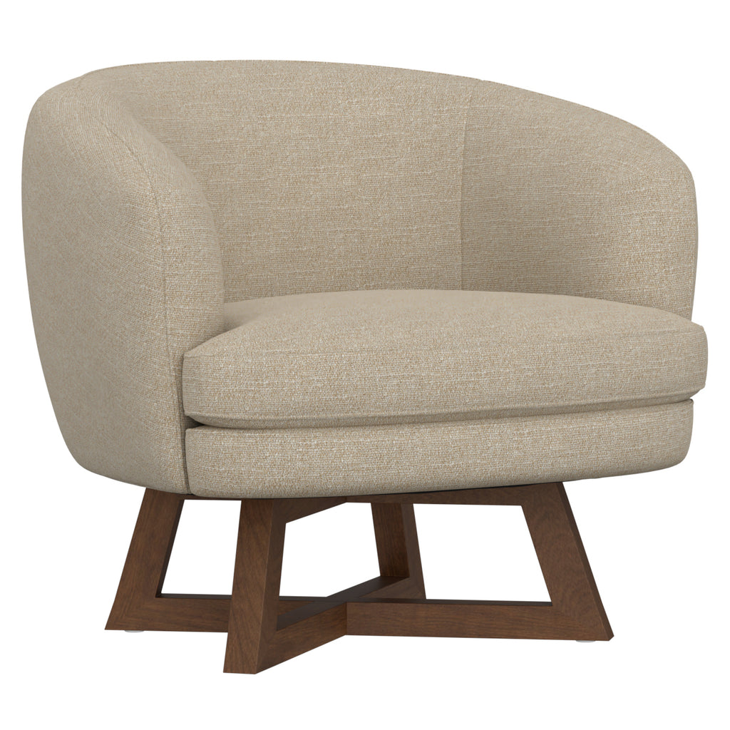 Sand Beige Polyester Swivel Accent Chair with Sculptural Wood Base