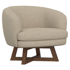 Sand Beige Polyester Swivel Accent Chair with Sculptural Wood Base