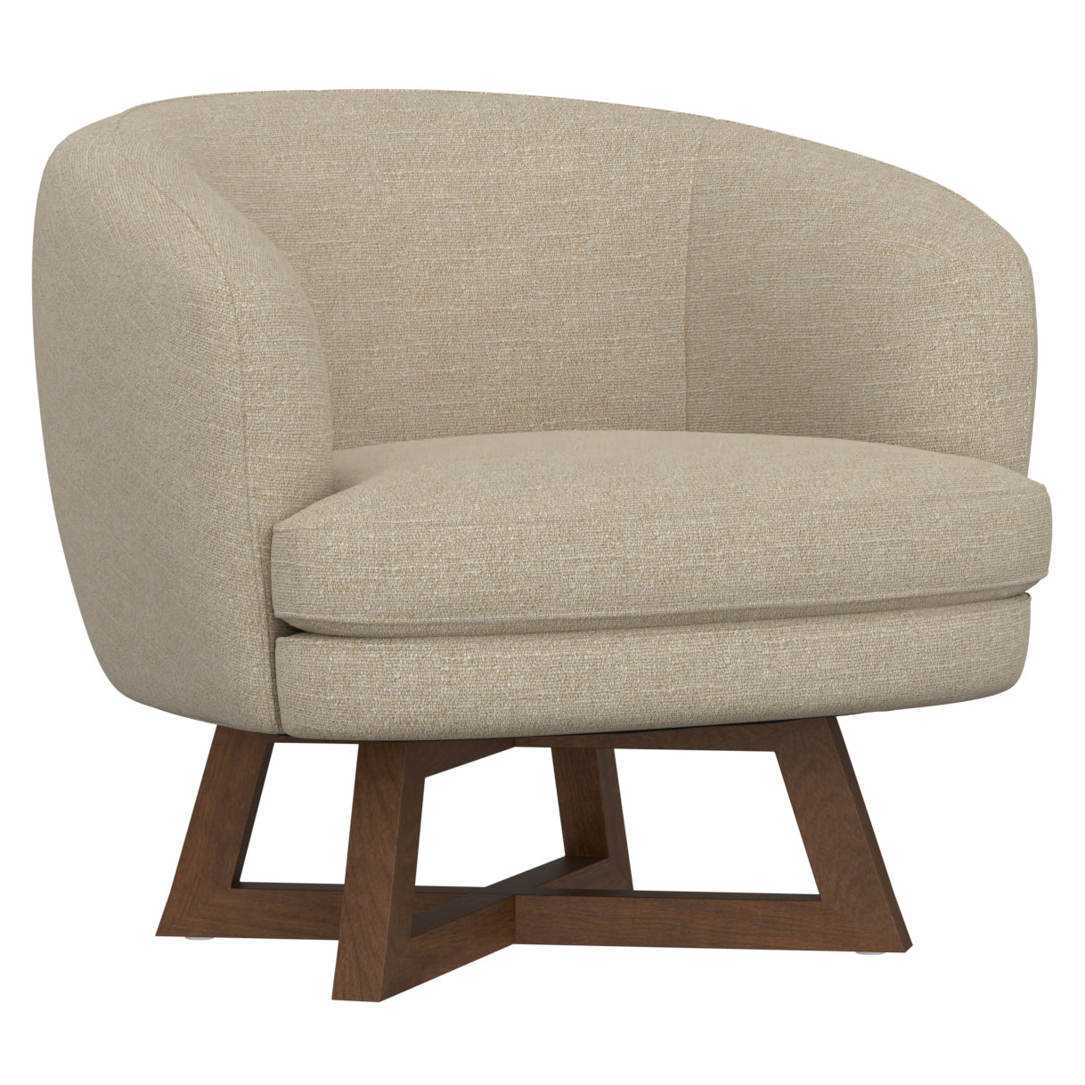 Sand Beige Polyester Swivel Accent Chair with Sculptural Wood Base