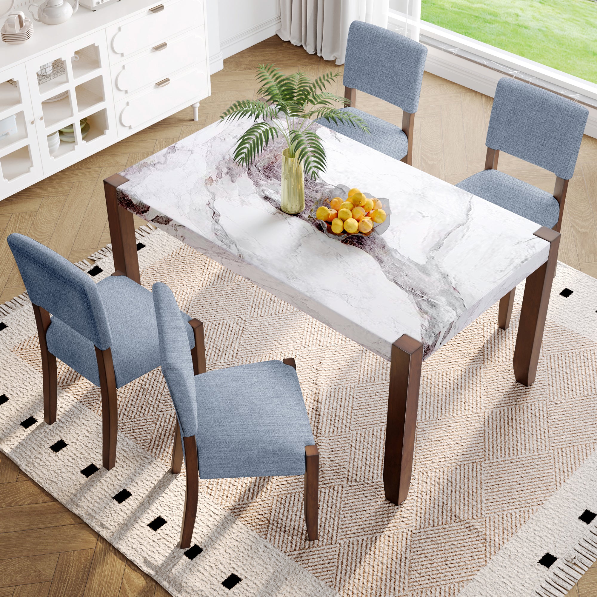 5-Piece Dining Table Set for 4, 46' Faux Marble Style Table and 4 Upholstered Chairs with Solid Rubberwood Legs, Padded Seat, Curved Backrest, Space-Saving Dinette Set for Dining Room, Gray