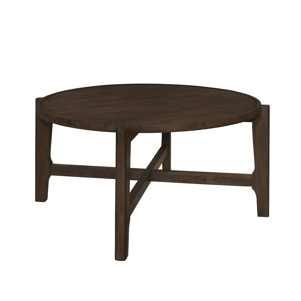 Round Solid Wood Coffee Table in dark brown with intersecting leg design, ideal for modern living rooms and durable everyday use.