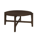 Round Solid Wood Coffee Table in dark brown with intersecting leg design, ideal for modern living rooms and durable everyday use.