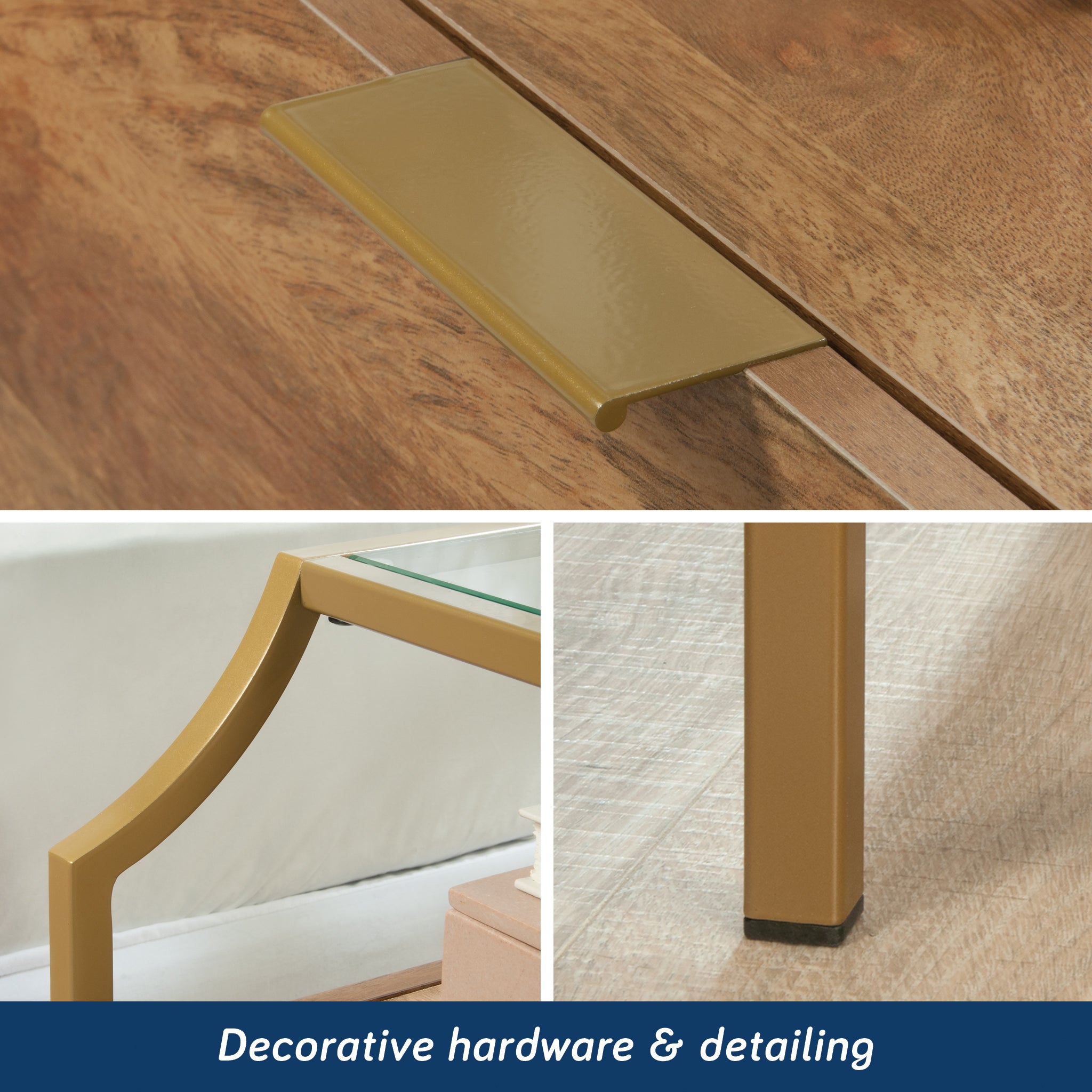 Close-up of brown night stand showing gold hardware, leg detailing, and tempered glass top for stylish bedroom storage.