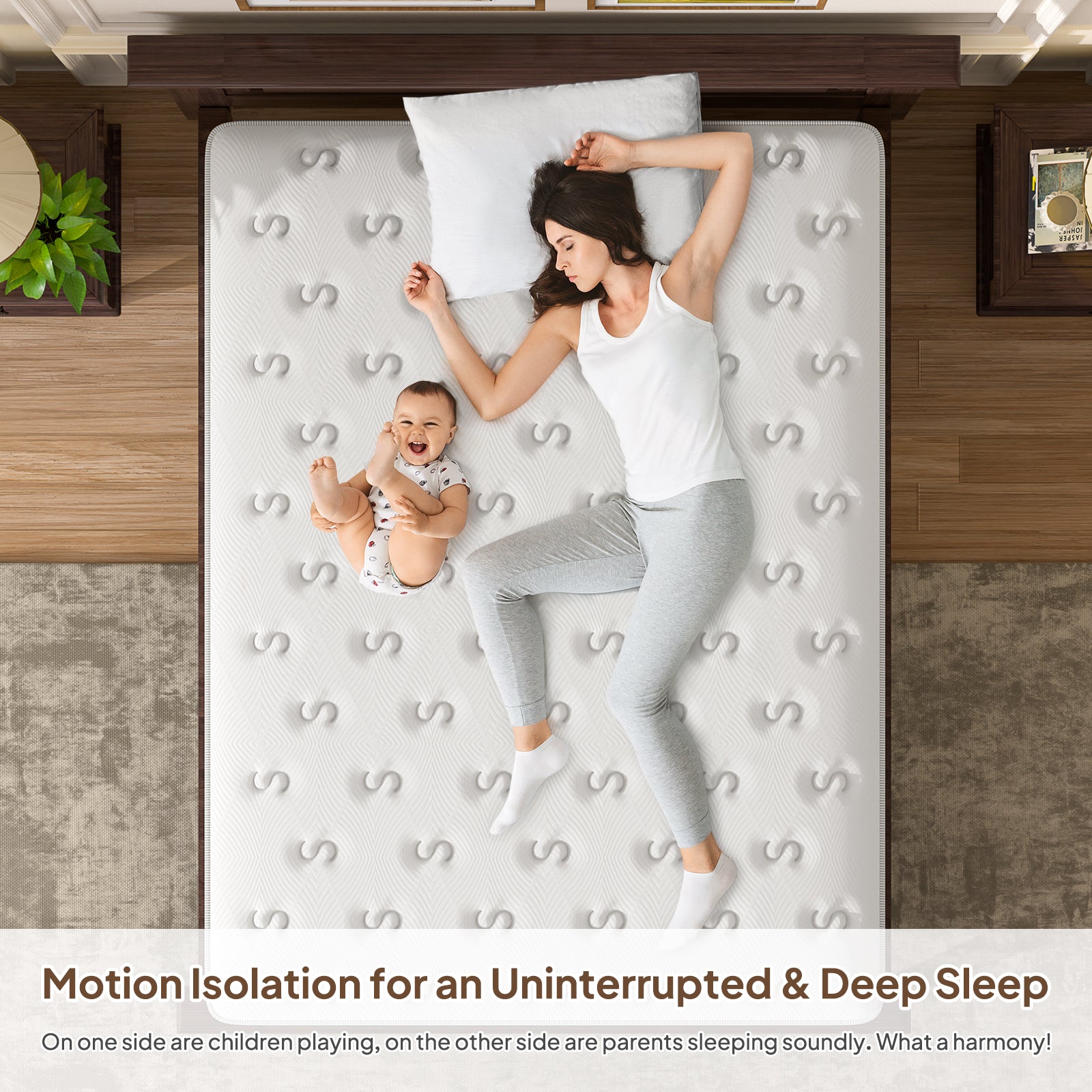 Mother and baby lying on 12'' hybrid queen mattress demonstrating motion isolation for uninterrupted sleep, ideal for families and shared beds.