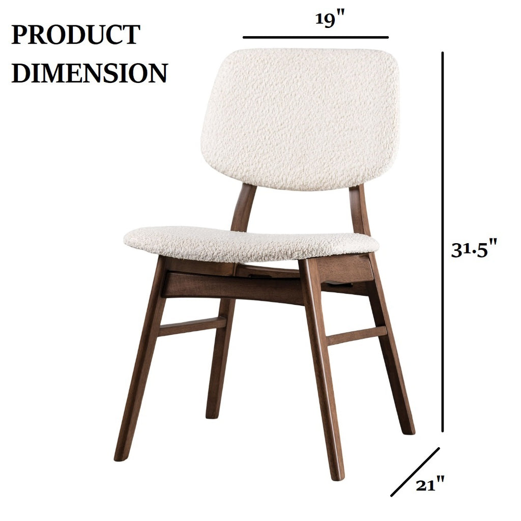 Mid-century dining chair with product dimensions 31.5''H x 19''W x 21''D, featuring angled legs and padded beige seat.