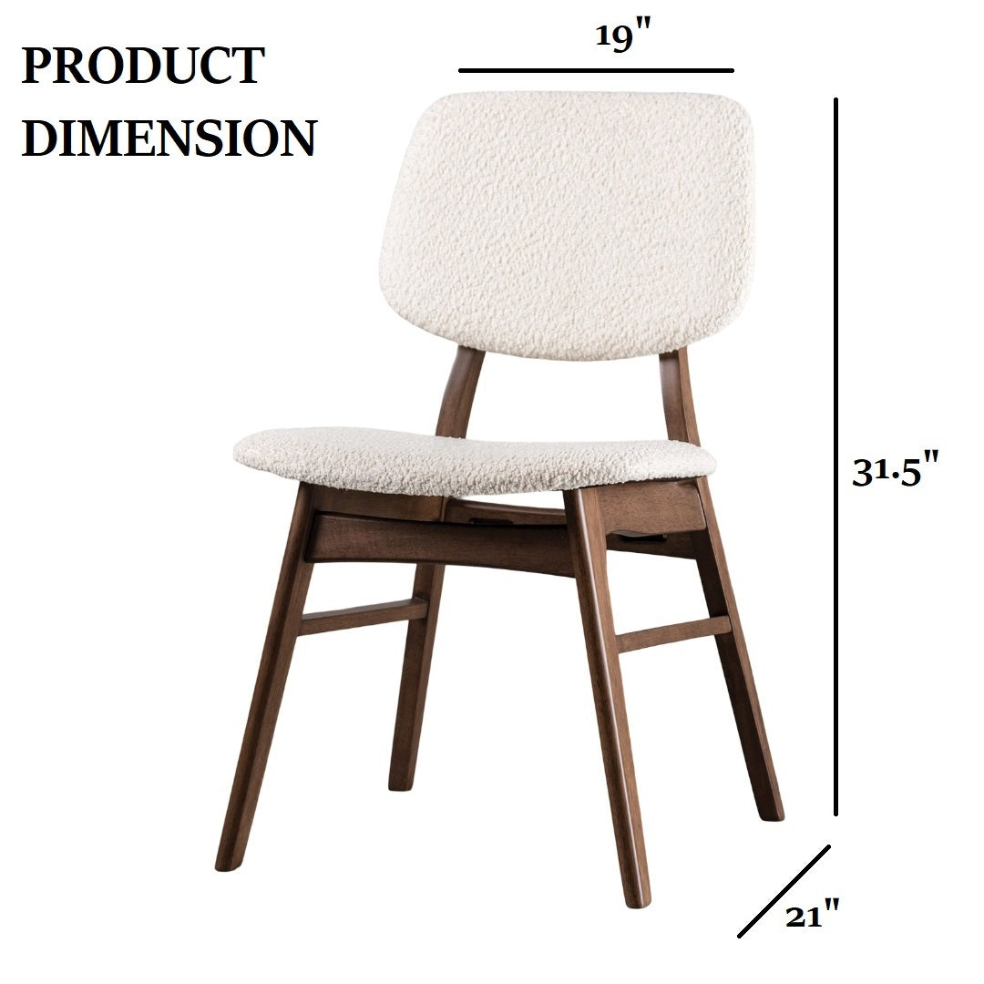 Mid-century dining chair with product dimensions 31.5''H x 19''W x 21''D, featuring angled legs and padded beige seat.