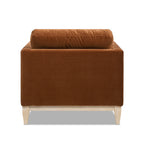 Rear view of Knox 65' burnt orange velvet chaise lounge chair with clean, modern lines and light wood legs for farmhouse decor.