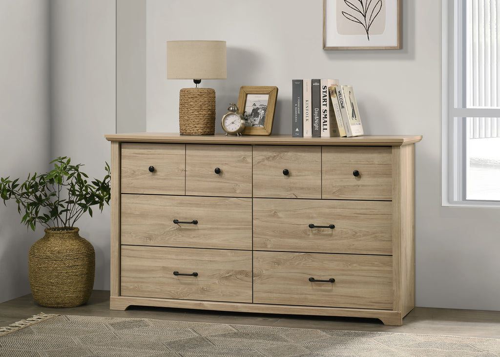 Light Oak 6-Drawer Dresser - Elara in a modern room setting with decor, showcasing sleek black metal handles and spacious storage.