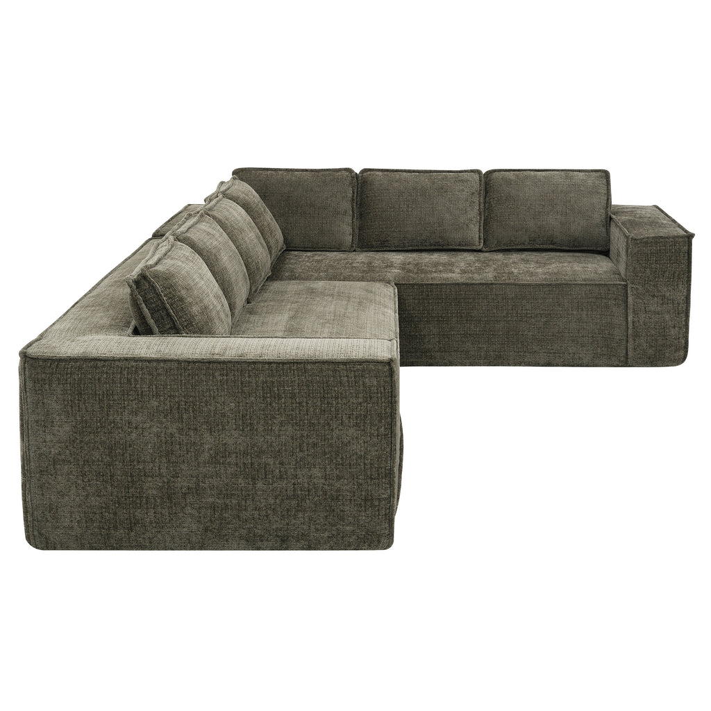 Side view of the chenille modular sectional sofa showing its deep seating and plush cushions in a dark green tone.