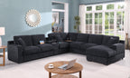 Celine sectional sofa in dark gray with chaise, cupholders, and USB ports in a modern living room. Features modular design and plush cushions.