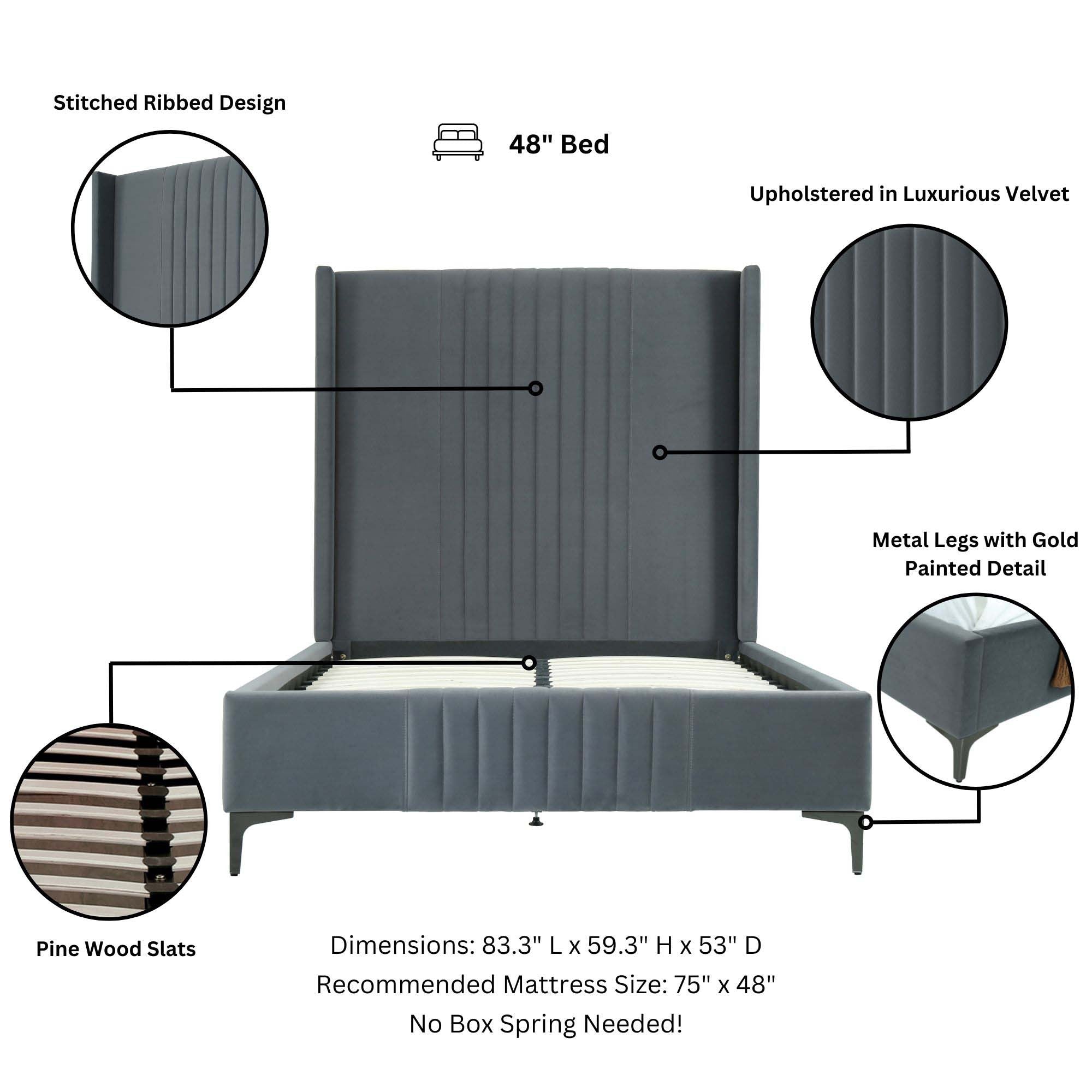 Feature diagram of gray velvet 48-inch bed showing ribbed headboard, pine wood slats, and no box spring needed construction.