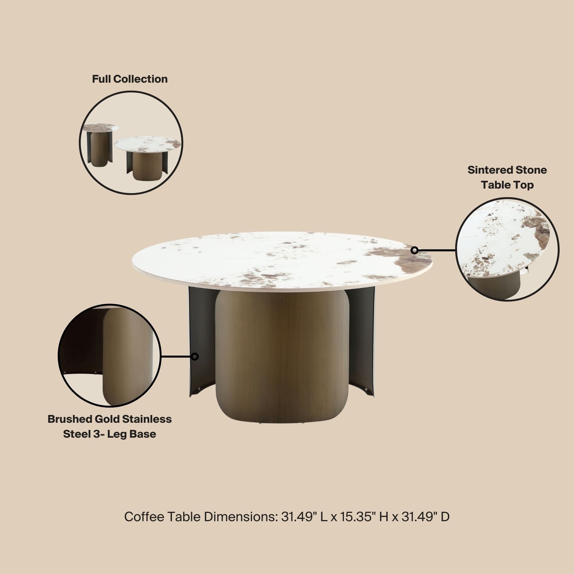 Modern Stone Coffee Table with labeled features including sintered stone top and brushed gold 3-leg stainless steel base, 31.49-inch diameter.