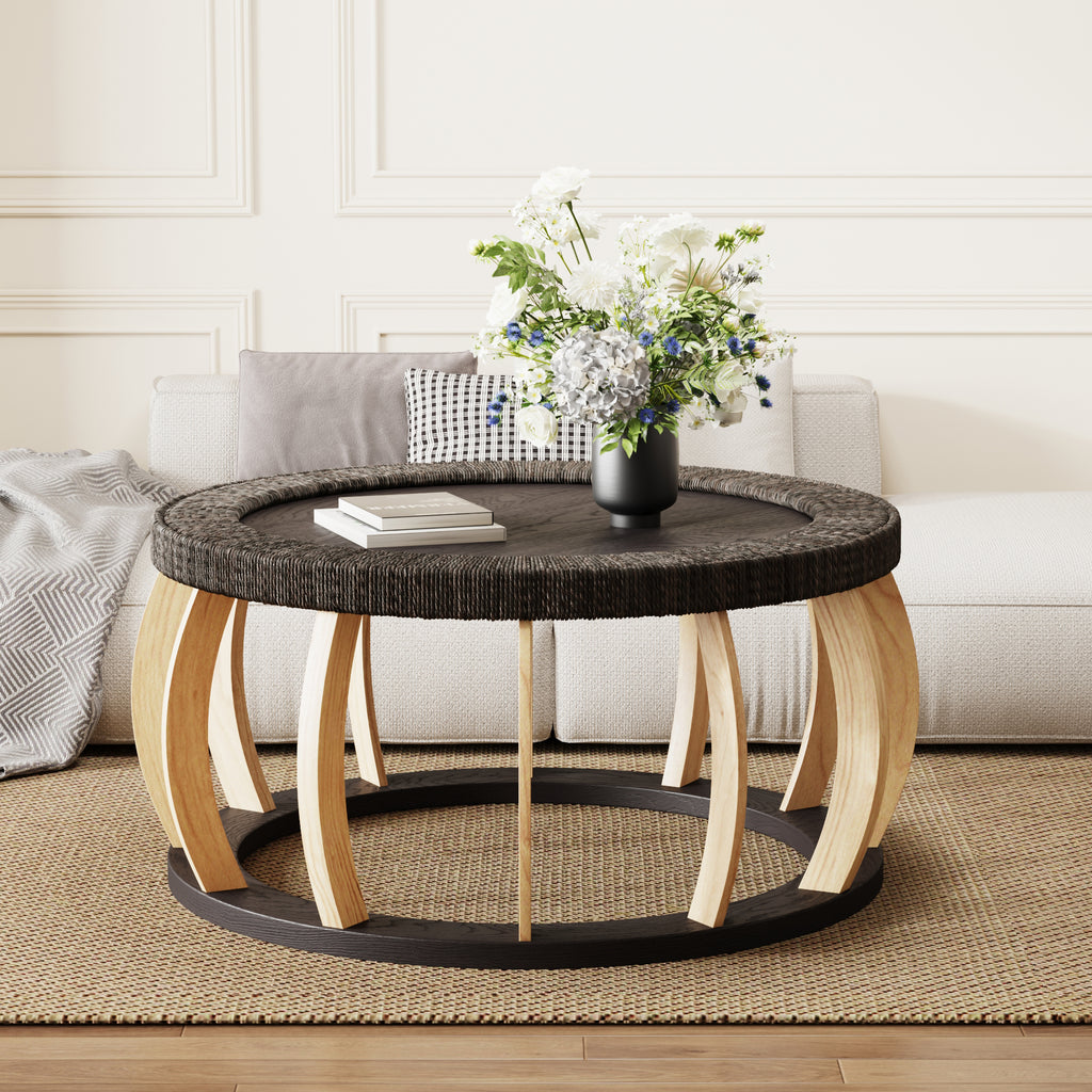 35-Inch Round Rattan Coffee Table with Solid Wood Legs, Black Brown
