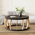 35-Inch Round Rattan Coffee Table with Solid Wood Legs, Black Brown