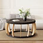 35-Inch Round Rattan Coffee Table with Solid Wood Legs, Black Brown