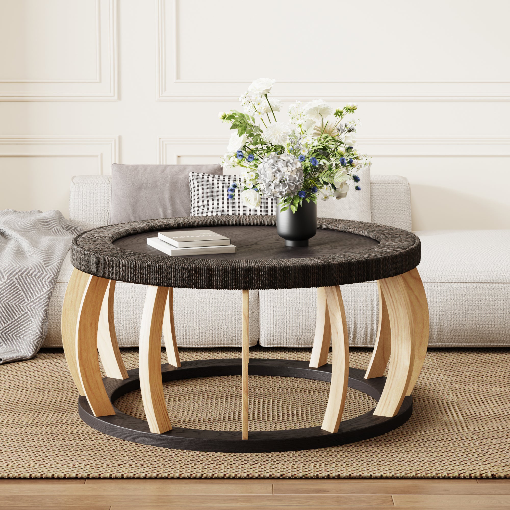 35-Inch Round Rattan Coffee Table with Solid Wood Legs, Black Brown