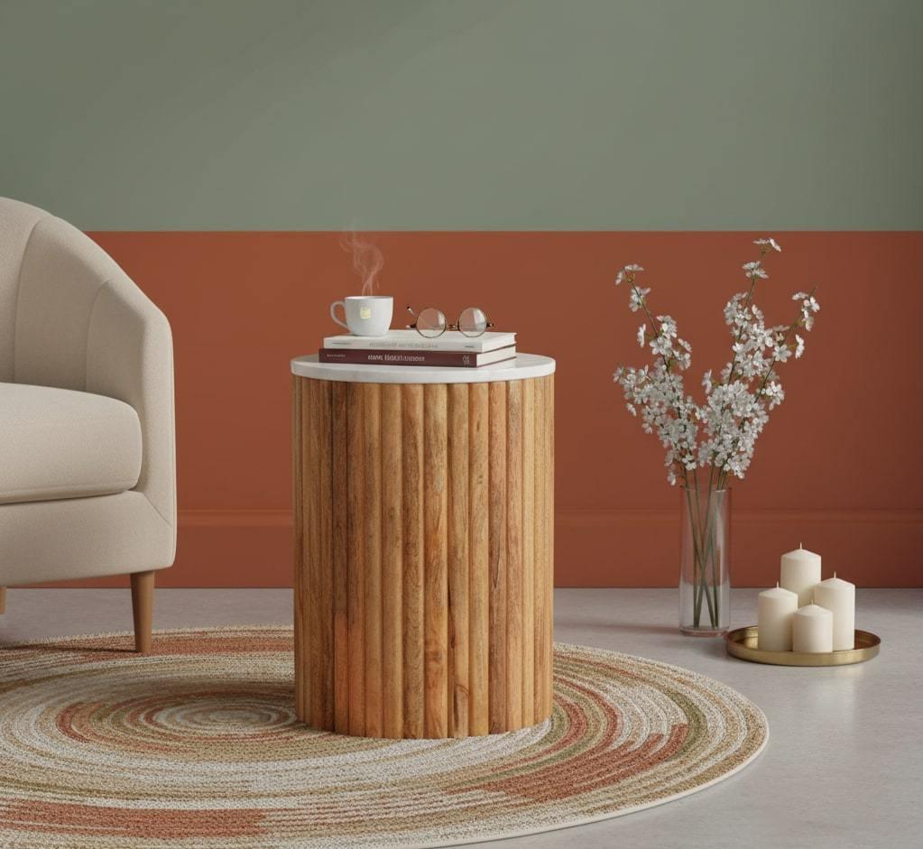 Artisan Solid Wood Fluted Marble Side Table.