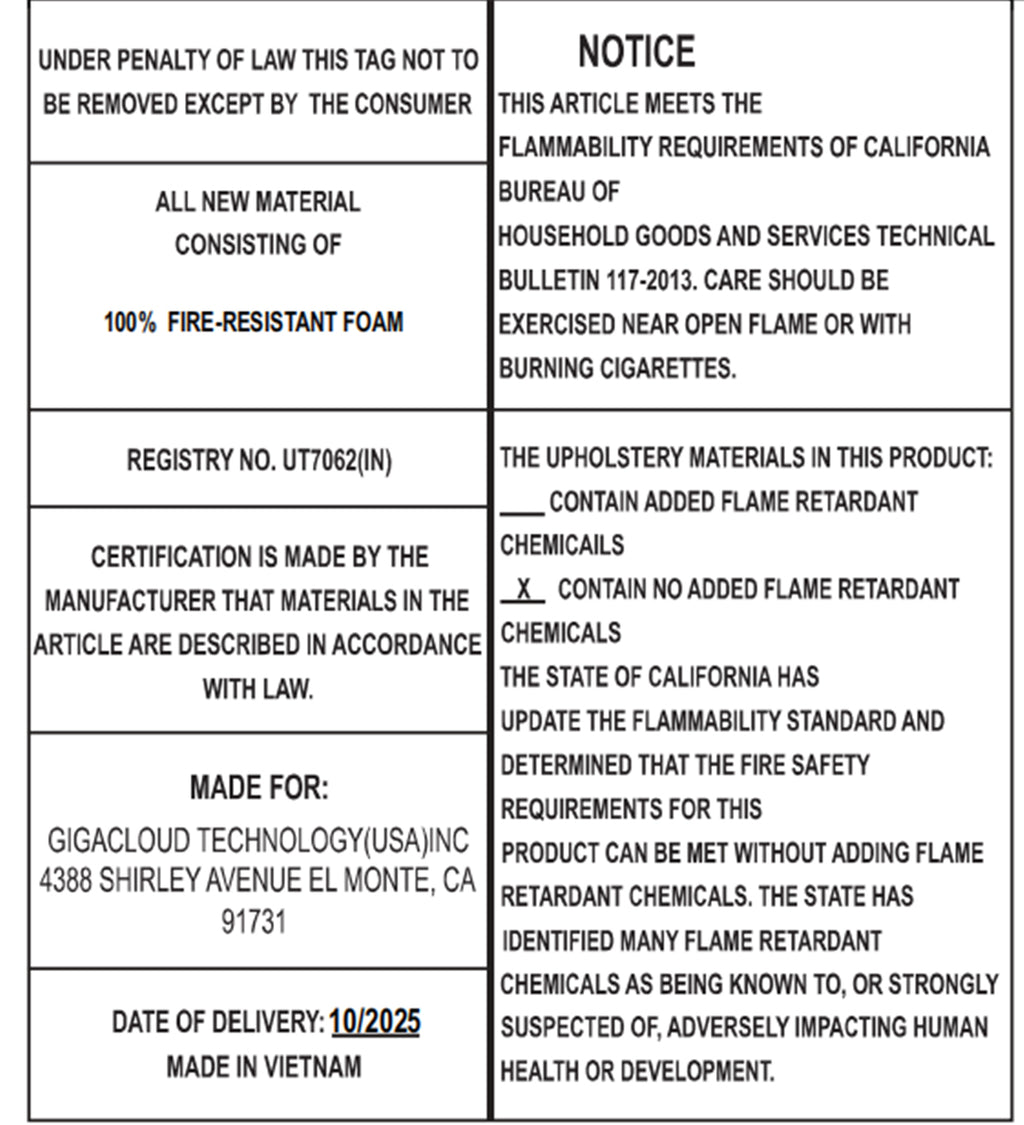 Product label showing flammability compliance and materials used in the upholstered chairs of the Modern Dining Set - Chairs & Table Walnut Finish.
