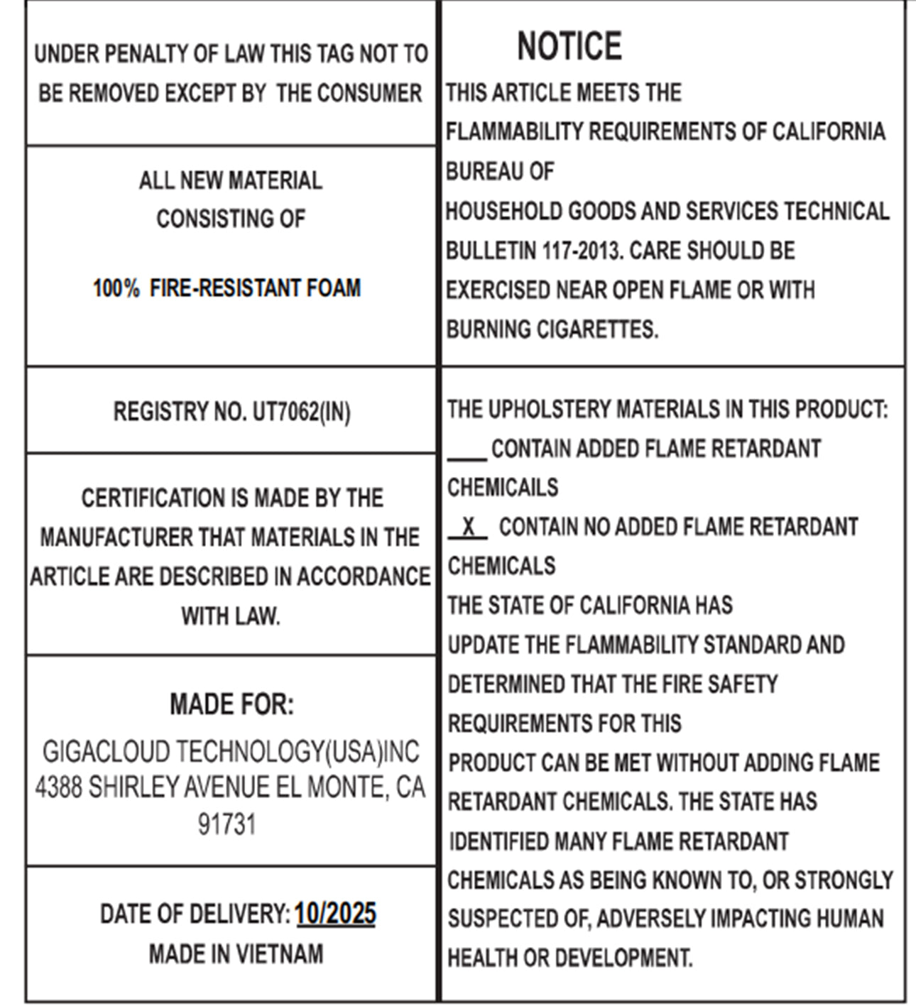 Product label showing flammability compliance and materials used in the upholstered chairs of the Modern Dining Set - Chairs & Table Walnut Finish.