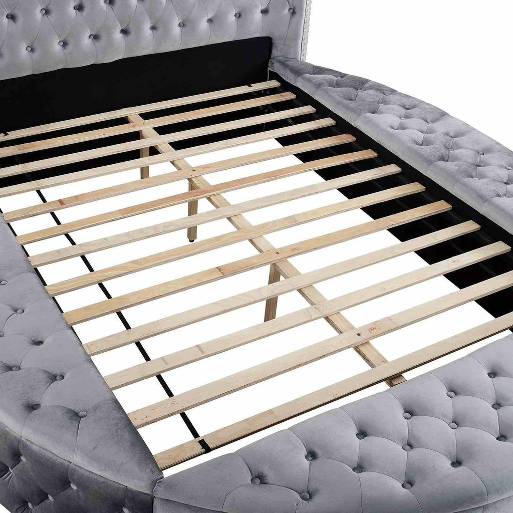 Gray Velvet Round Storage Bed with USB Ports and Features.