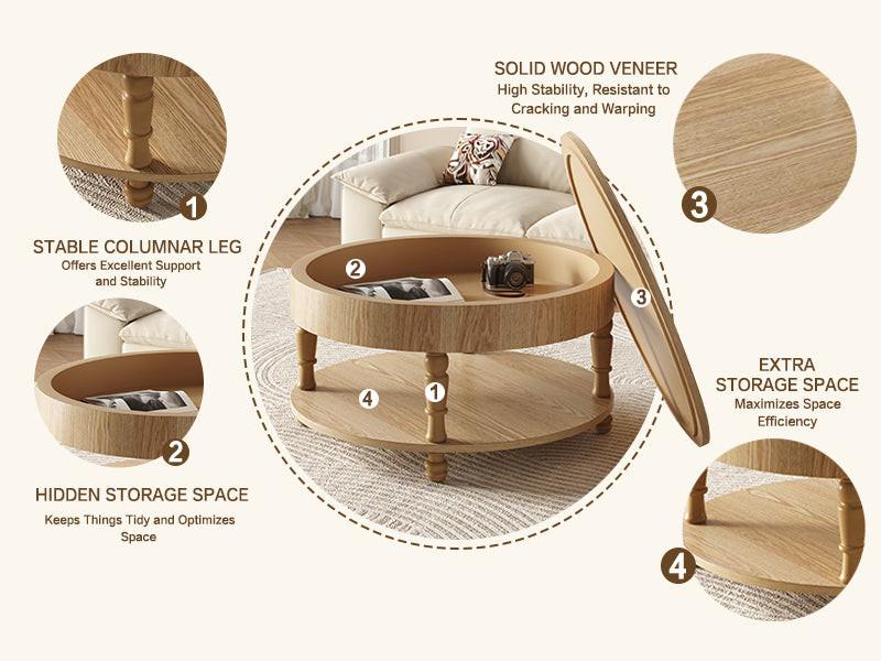 Coffee Table with Dual Storage for Living Room, 31.5' Modern Round Coffee Table with Storage and Hidden Compartment, Adjustable Leveling Feet, Easy Assembly(Natrual Wood).