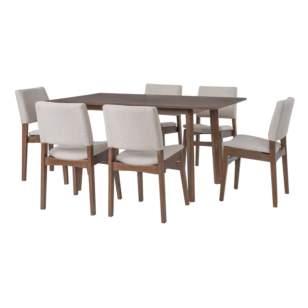 Modern Dining Set - Chairs & Table Walnut Finish with 6 upholstered chairs arranged around a rectangular wood table for dining spaces.