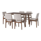 Modern Dining Set - Chairs & Table Walnut Finish with 6 upholstered chairs arranged around a rectangular wood table for dining spaces.