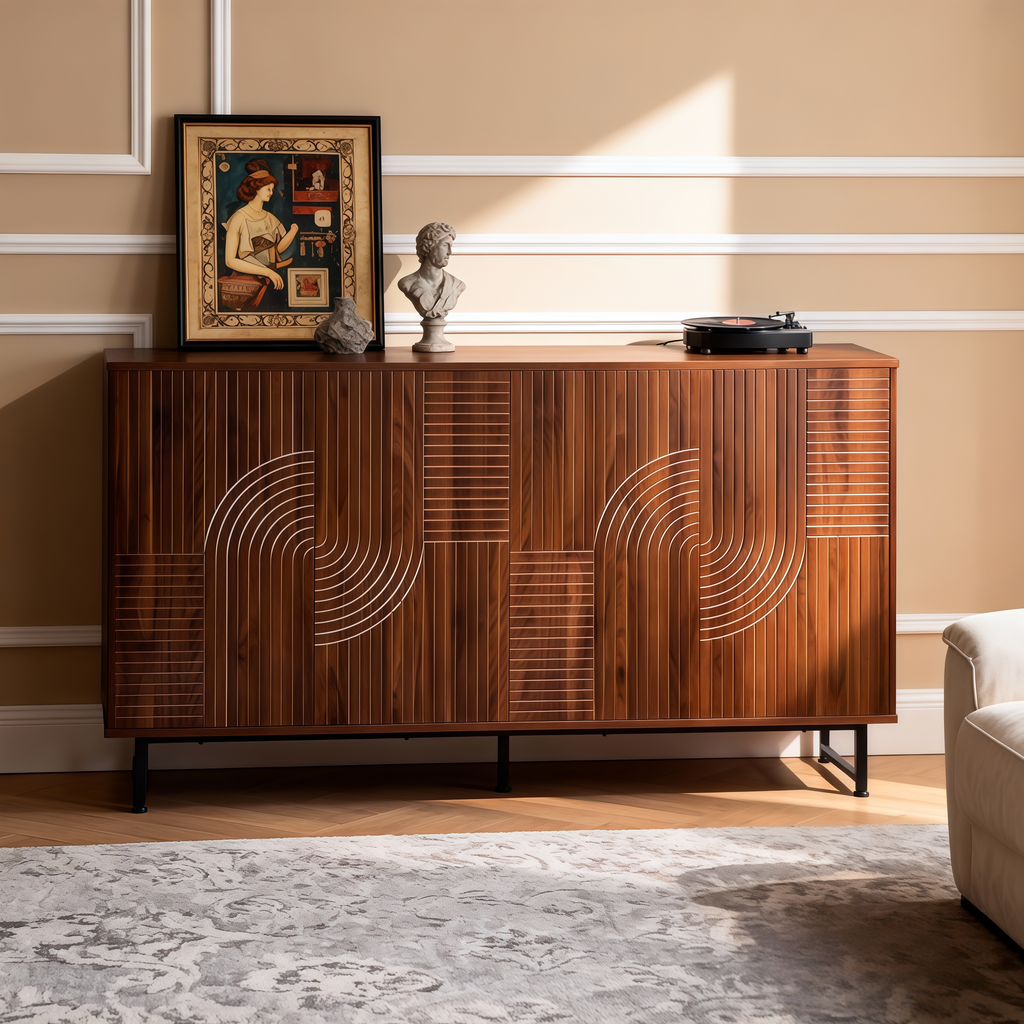 Walnut Mid-Century Modern Sideboard Buffet Cabinet.