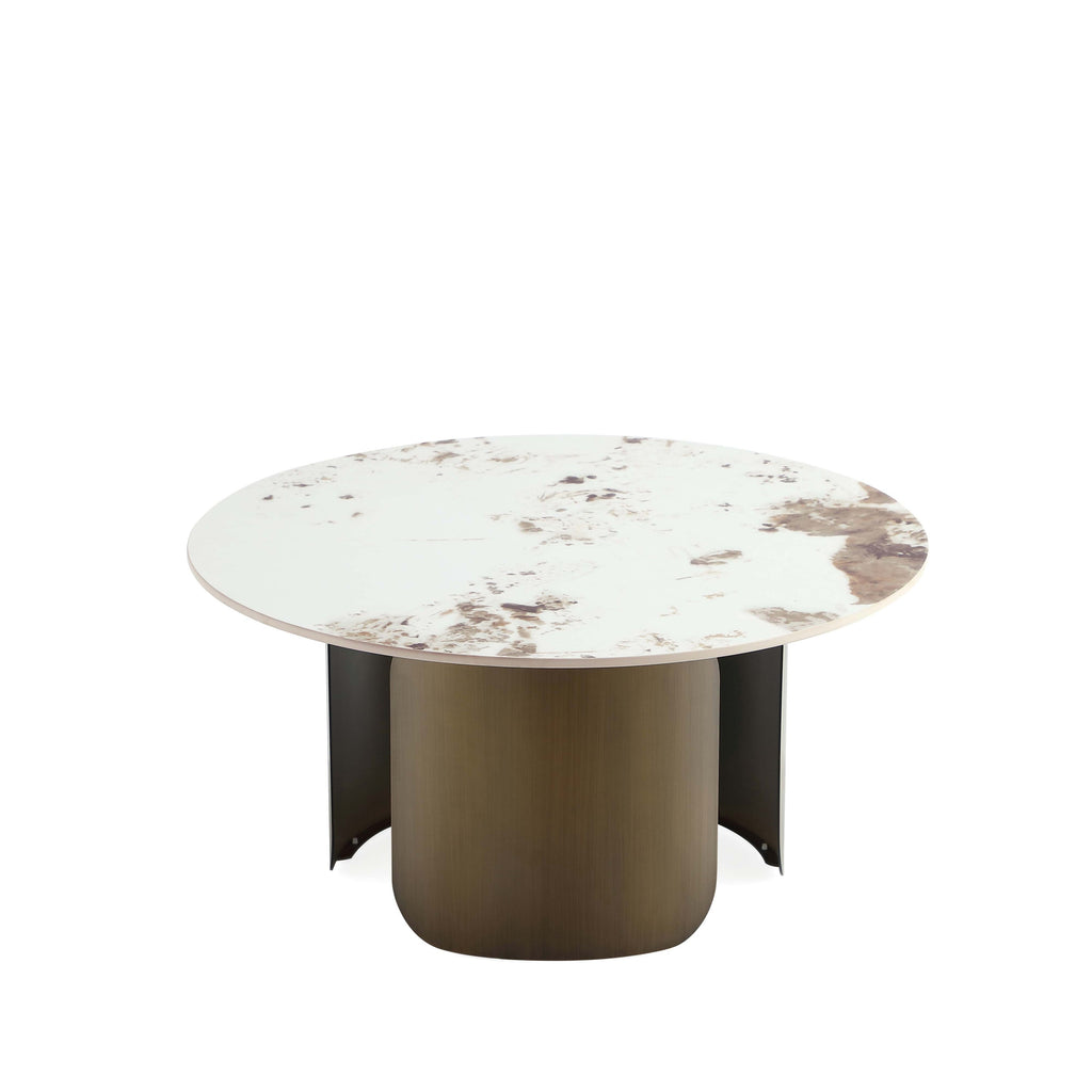 Coffee Table in Bronze with a contemporary round stone top and sculptural brushed gold base, blending elegance and functionality.