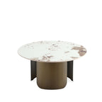 Coffee Table in Bronze with a contemporary round stone top and sculptural brushed gold base, blending elegance and functionality.