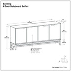 Walnut Brown 4 Door Sideboard Buffet for Storage.