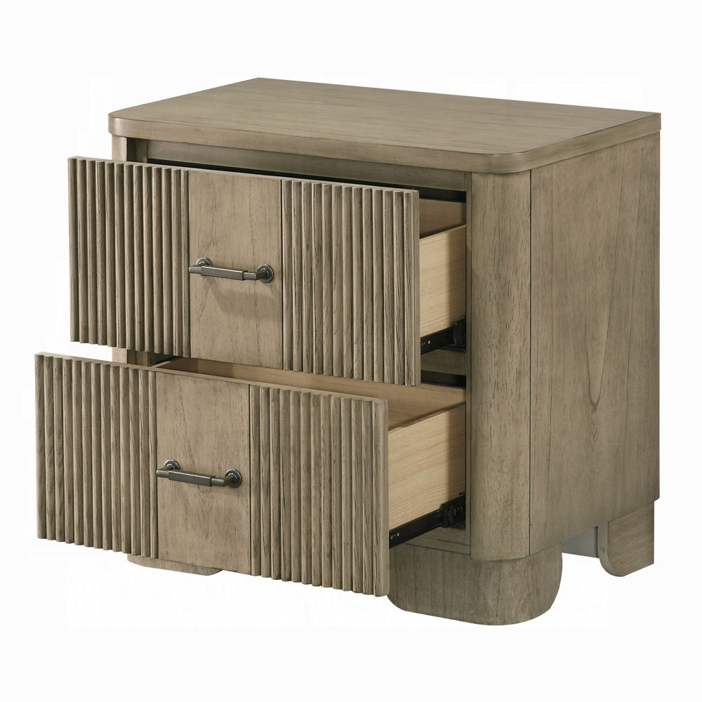 Transitional nightstand with both drawers open, showing dovetail construction. Antique oak finish and metal handles offer rustic elegance.