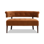 Front view of Burnt Orange Velvet Bench featuring a tufted back and seat with solid wood legs in a mid-century modern silhouette.