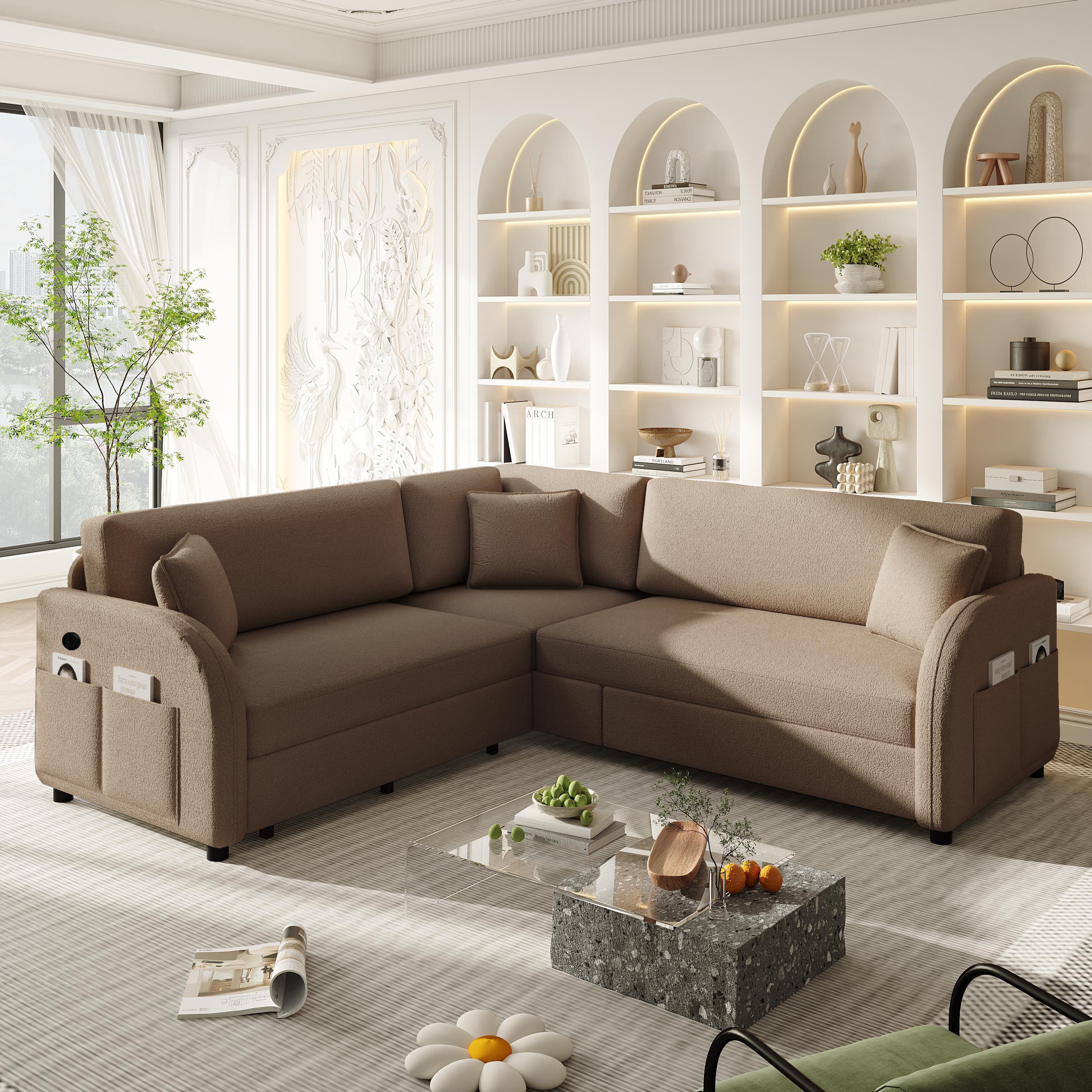 85.1' L-Shaped Pull-Out Sofa Bed with USB Port.